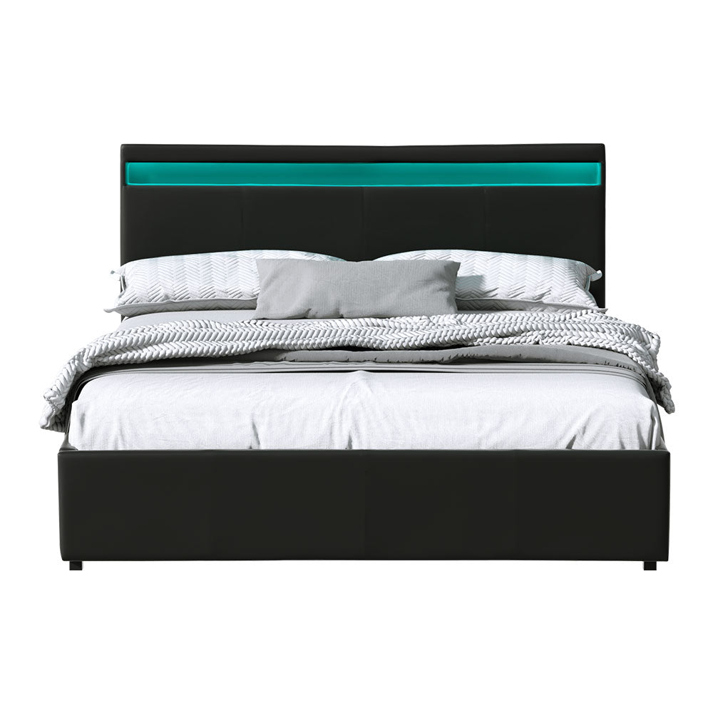 Artiss Cole LED Bed Frame PU Leather Gas Lift Storage - Black Queen-Bed Frames-PEROZ Accessories