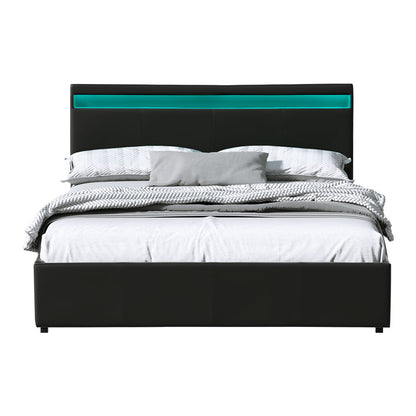 Artiss Cole LED Bed Frame PU Leather Gas Lift Storage - Black Queen-Bed Frames-PEROZ Accessories