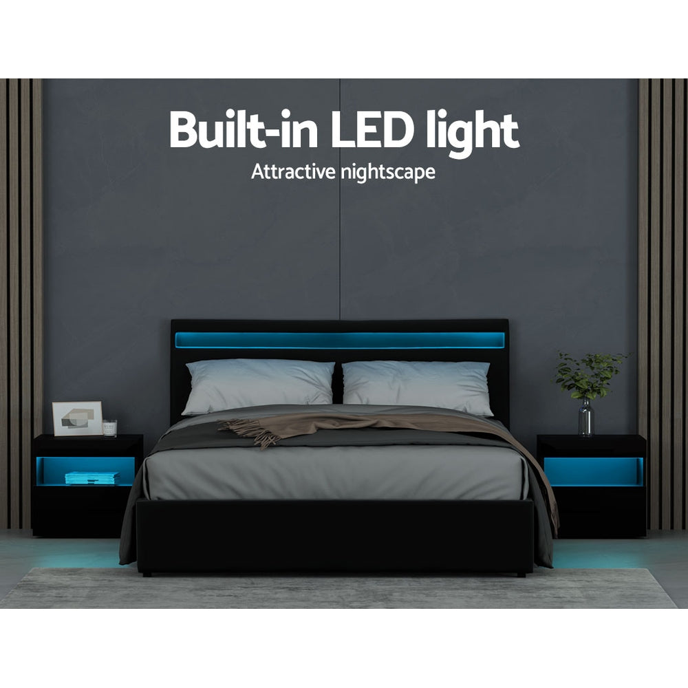 Artiss Cole LED Bed Frame PU Leather Gas Lift Storage - Black Queen-Bed Frames-PEROZ Accessories
