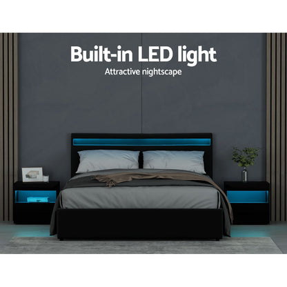 Artiss Cole LED Bed Frame PU Leather Gas Lift Storage - Black Queen-Bed Frames-PEROZ Accessories
