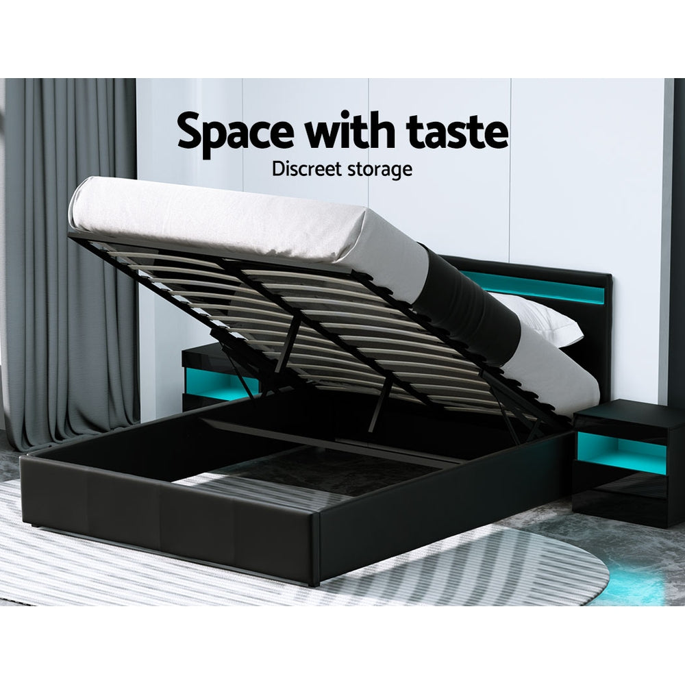 Artiss Cole LED Bed Frame PU Leather Gas Lift Storage - Black Queen-Bed Frames-PEROZ Accessories