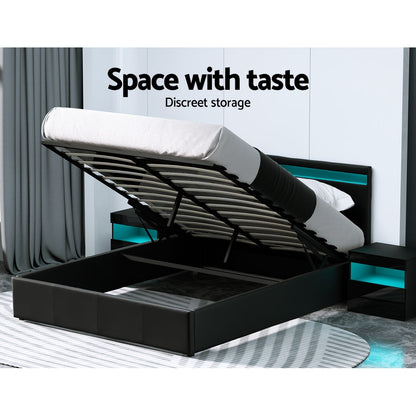 Artiss Cole LED Bed Frame PU Leather Gas Lift Storage - Black Queen-Bed Frames-PEROZ Accessories
