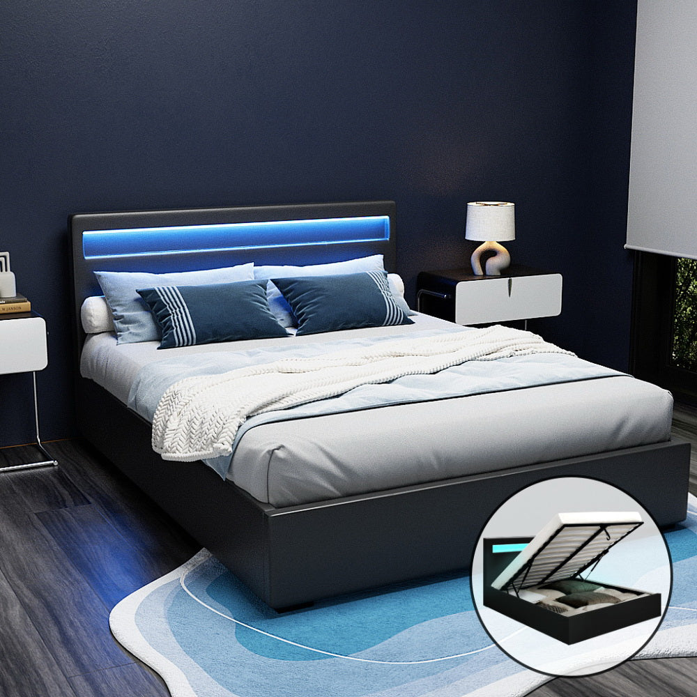 Artiss Cole LED Bed Frame PU Leather Gas Lift Storage - Black Queen-Bed Frames-PEROZ Accessories
