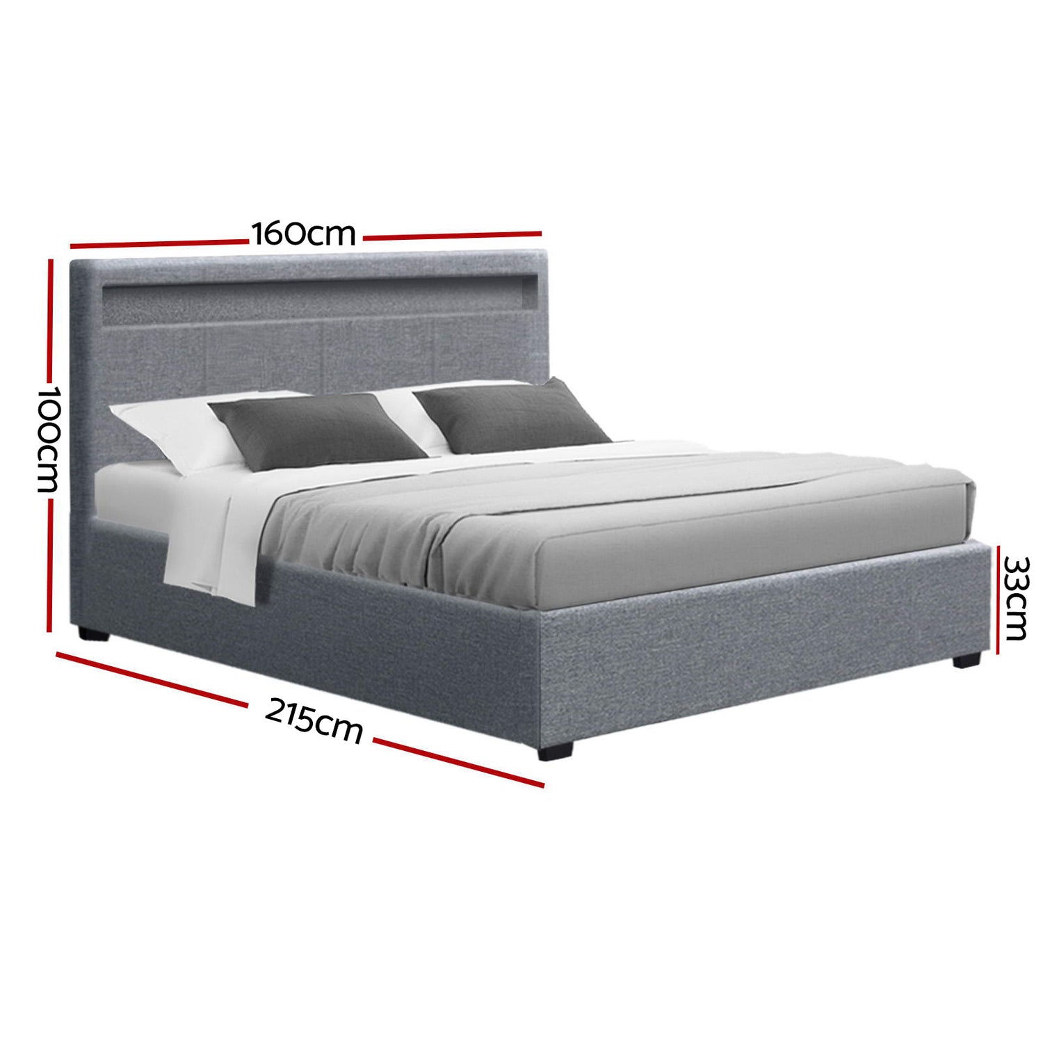 Artiss Cole LED Bed Frame Fabric Gas Lift Storage - Grey Queen-Bed Frames-PEROZ Accessories