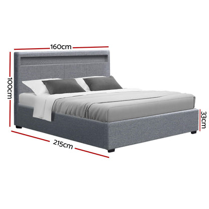 Artiss Cole LED Bed Frame Fabric Gas Lift Storage - Grey Queen-Bed Frames-PEROZ Accessories