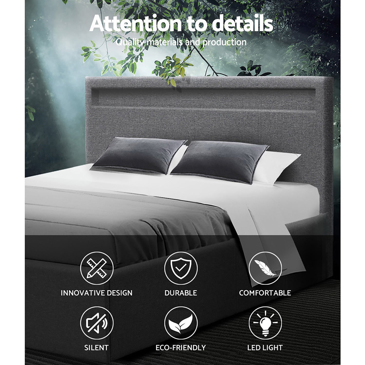Artiss Cole LED Bed Frame Fabric Gas Lift Storage - Grey Queen-Bed Frames-PEROZ Accessories