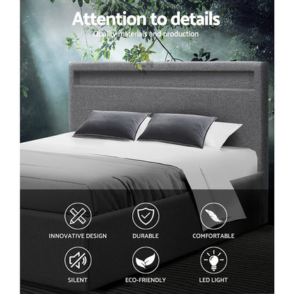 Artiss Cole LED Bed Frame Fabric Gas Lift Storage - Grey Queen-Bed Frames-PEROZ Accessories
