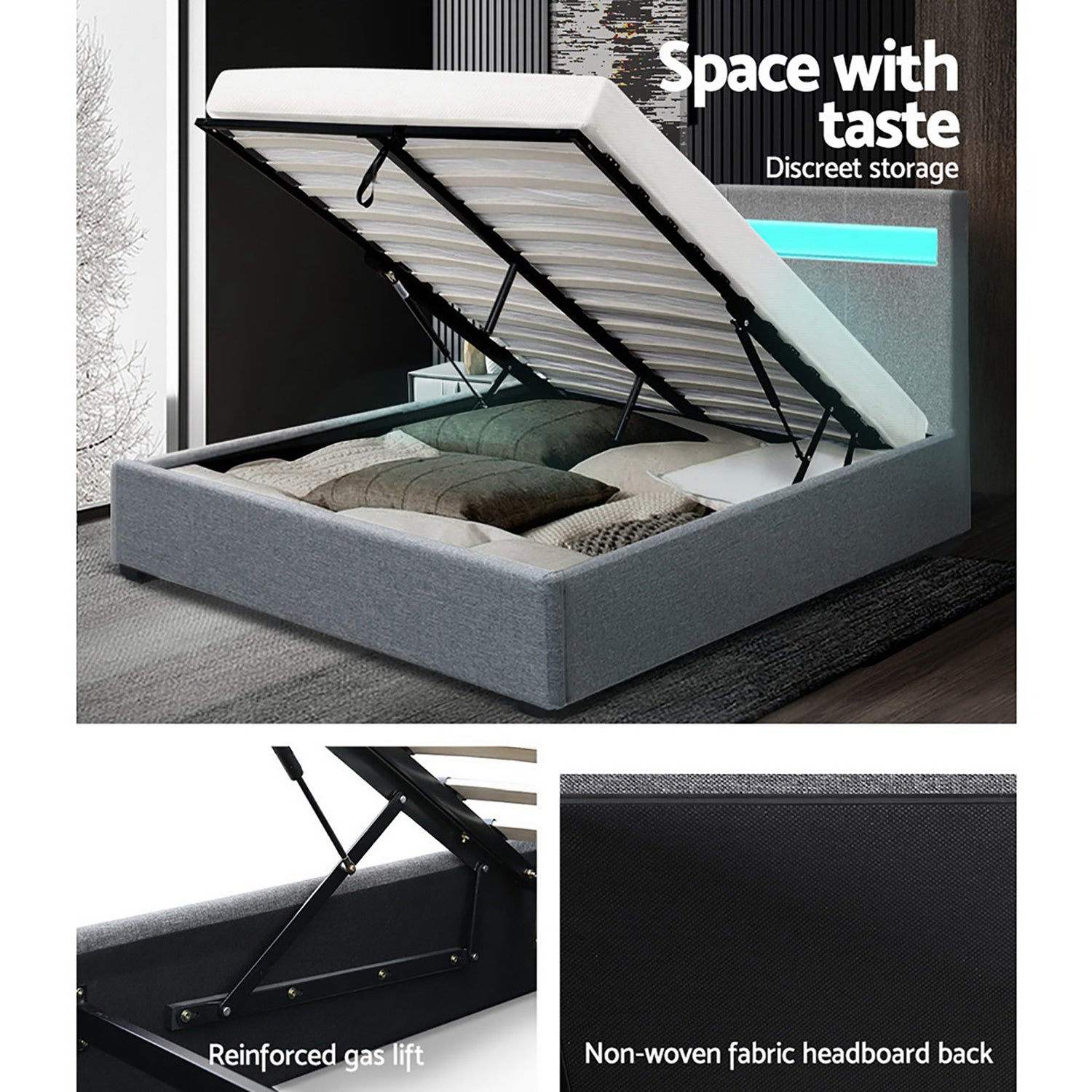 Artiss Cole LED Bed Frame Fabric Gas Lift Storage - Grey Queen-Bed Frames-PEROZ Accessories