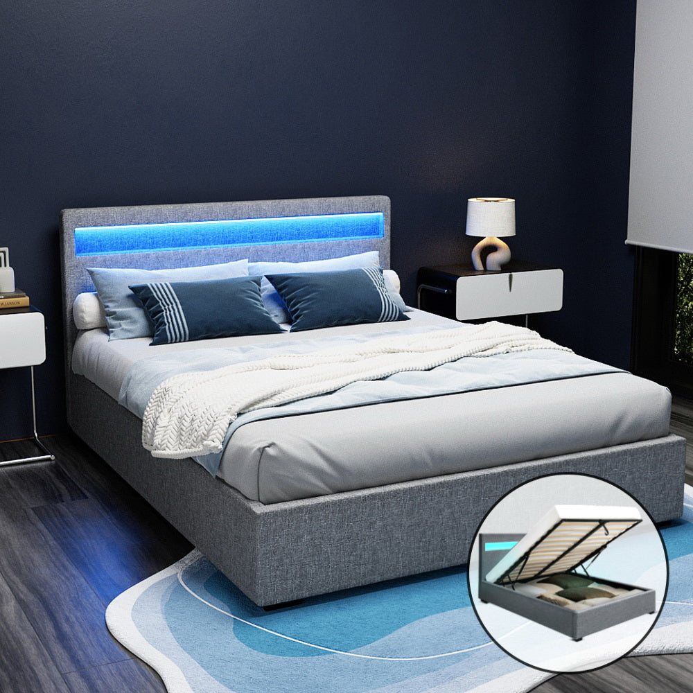 Artiss Cole LED Bed Frame Fabric Gas Lift Storage - Grey Queen-Bed Frames-PEROZ Accessories