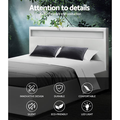 Artiss Cole LED Bed Frame PU Leather Gas Lift Storage - White Queen-Bed Frames-PEROZ Accessories