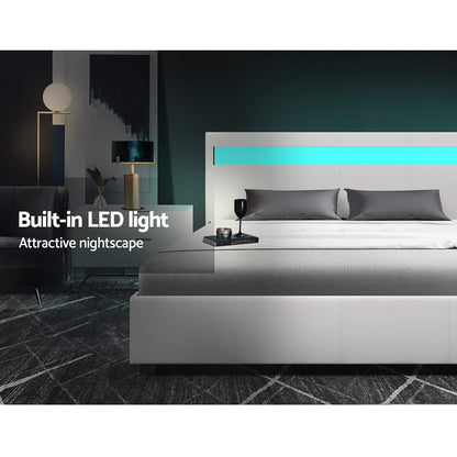Artiss Cole LED Bed Frame PU Leather Gas Lift Storage - White Queen-Bed Frames-PEROZ Accessories