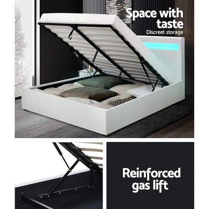 Artiss Cole LED Bed Frame PU Leather Gas Lift Storage - White Queen-Bed Frames-PEROZ Accessories