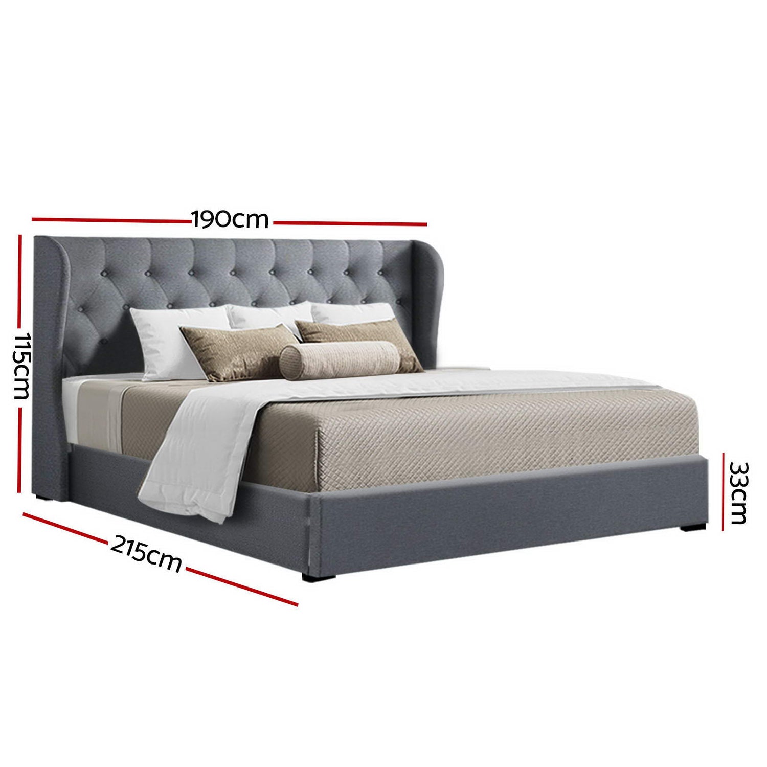Artiss Issa Bed Frame Fabric Gas Lift Storage - Grey King-Bed Frames-PEROZ Accessories