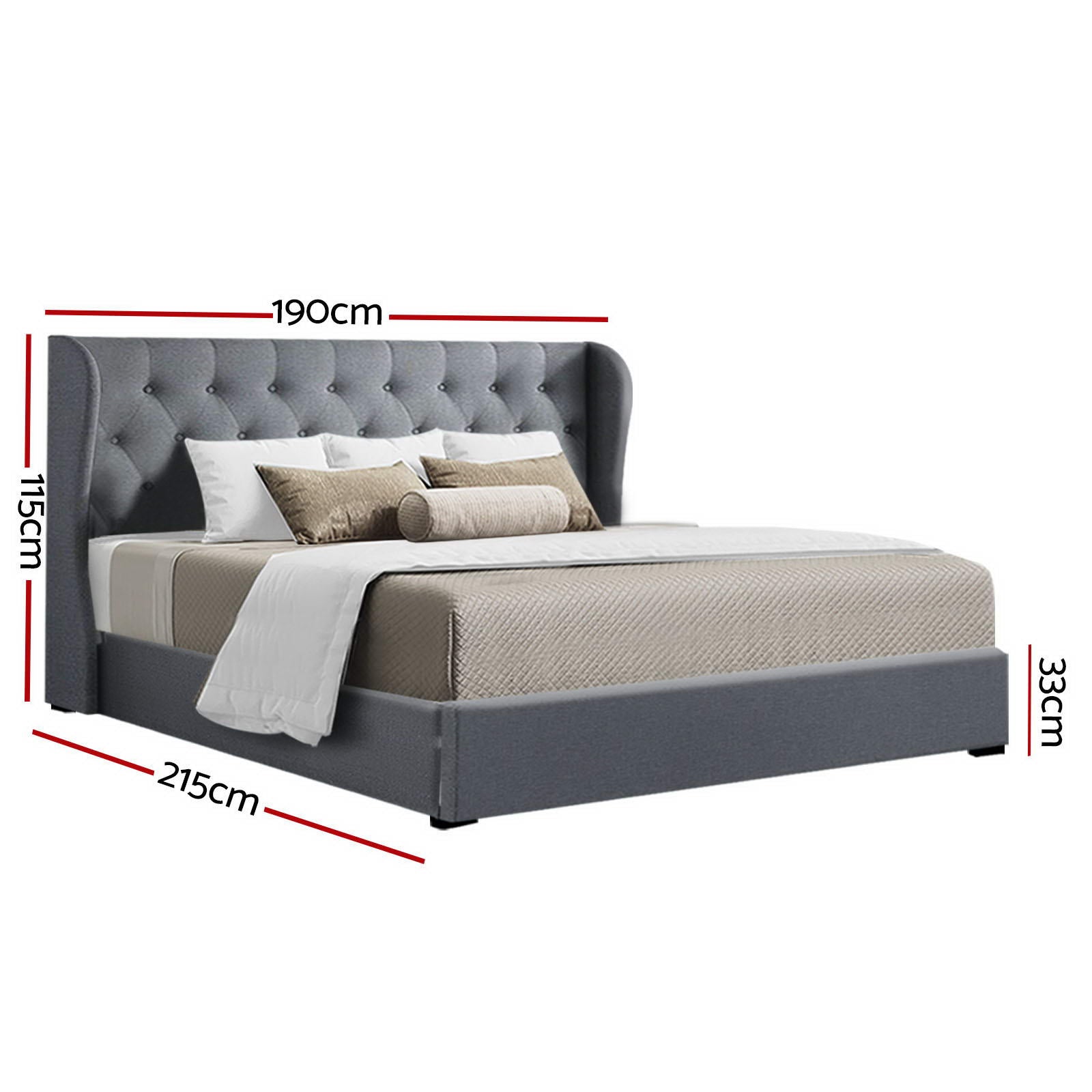 Artiss Issa Bed Frame Fabric Gas Lift Storage - Grey King-Bed Frames-PEROZ Accessories
