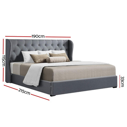 Artiss Issa Bed Frame Fabric Gas Lift Storage - Grey King-Bed Frames-PEROZ Accessories