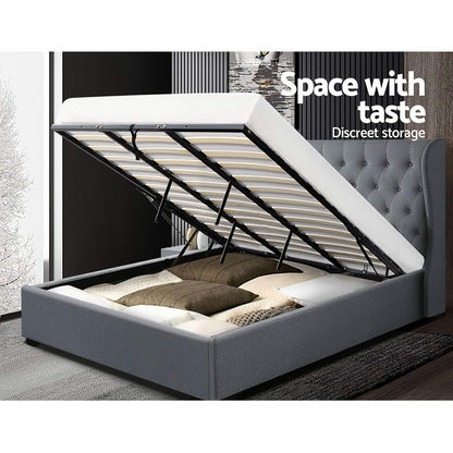 Artiss Issa Bed Frame Fabric Gas Lift Storage - Grey King-Bed Frames-PEROZ Accessories