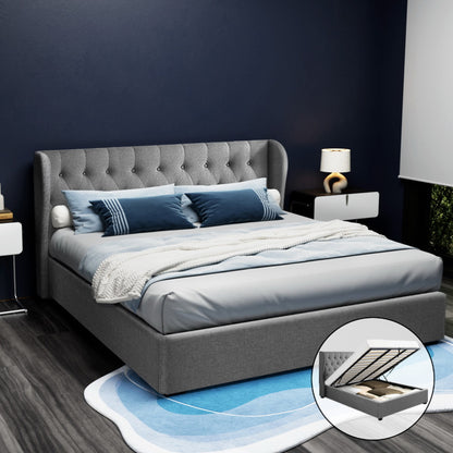 Artiss Issa Bed Frame Fabric Gas Lift Storage - Grey King-Bed Frames-PEROZ Accessories