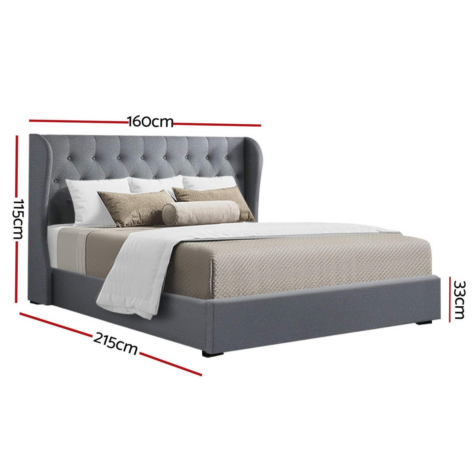 Artiss Issa Bed Frame Fabric Gas Lift Storage - Grey Queen-Bed Frames-PEROZ Accessories