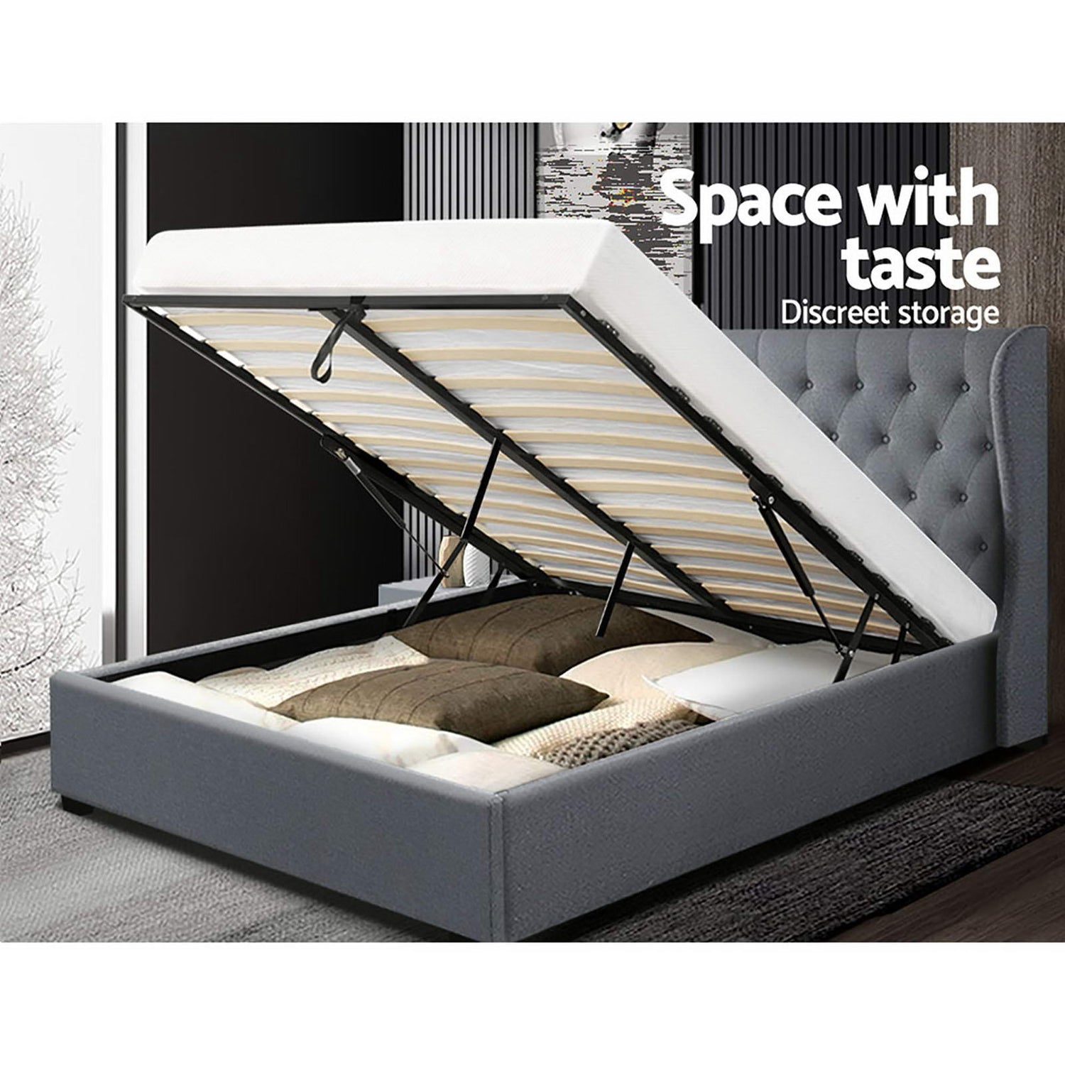 Artiss Issa Bed Frame Fabric Gas Lift Storage - Grey Queen-Bed Frames-PEROZ Accessories