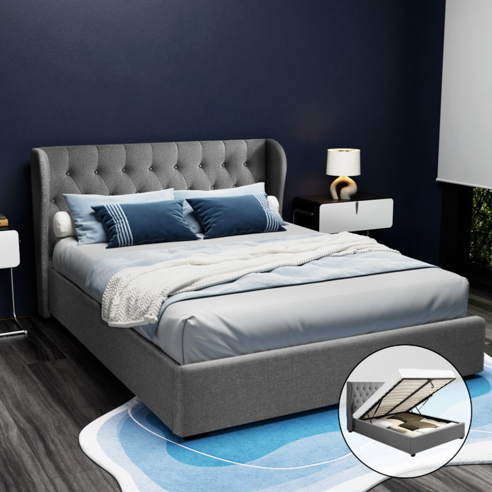 Artiss Issa Bed Frame Fabric Gas Lift Storage - Grey Queen-Bed Frames-PEROZ Accessories
