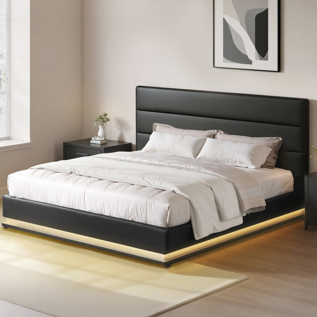 Artiss Lumi LED Bed Frame PU Leather Gas Lift Storage - Black King-Bed Frames-PEROZ Accessories