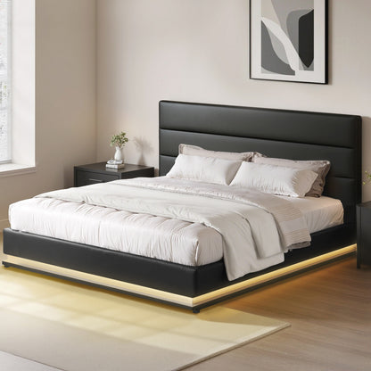 Artiss Lumi LED Bed Frame PU Leather Gas Lift Storage - Black King-Bed Frames-PEROZ Accessories