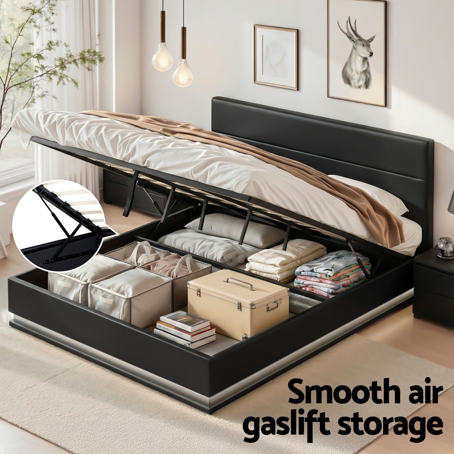 Artiss Lumi LED Bed Frame PU Leather Gas Lift Storage - Black King-Bed Frames-PEROZ Accessories