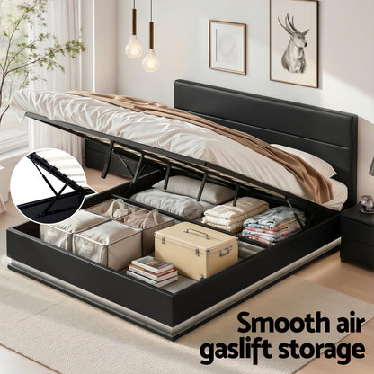 Artiss Lumi LED Bed Frame PU Leather Gas Lift Storage - Black King-Bed Frames-PEROZ Accessories