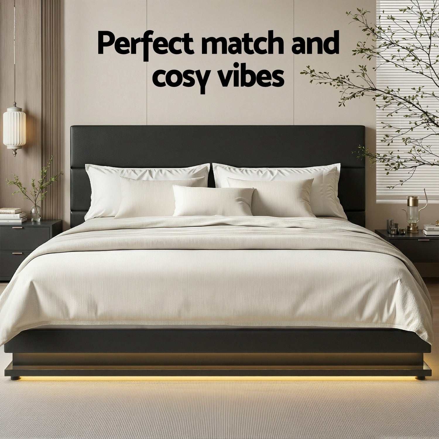 Artiss Lumi LED Bed Frame PU Leather Gas Lift Storage - Black King-Bed Frames-PEROZ Accessories