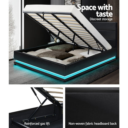 Artiss Lumi LED Bed Frame PU Leather Gas Lift Storage - Black King-Bed Frames-PEROZ Accessories