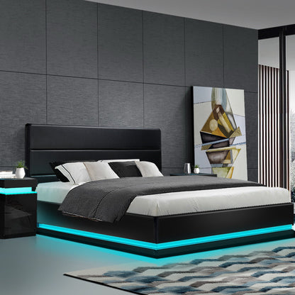 Artiss Lumi LED Bed Frame PU Leather Gas Lift Storage - Black King-Bed Frames-PEROZ Accessories