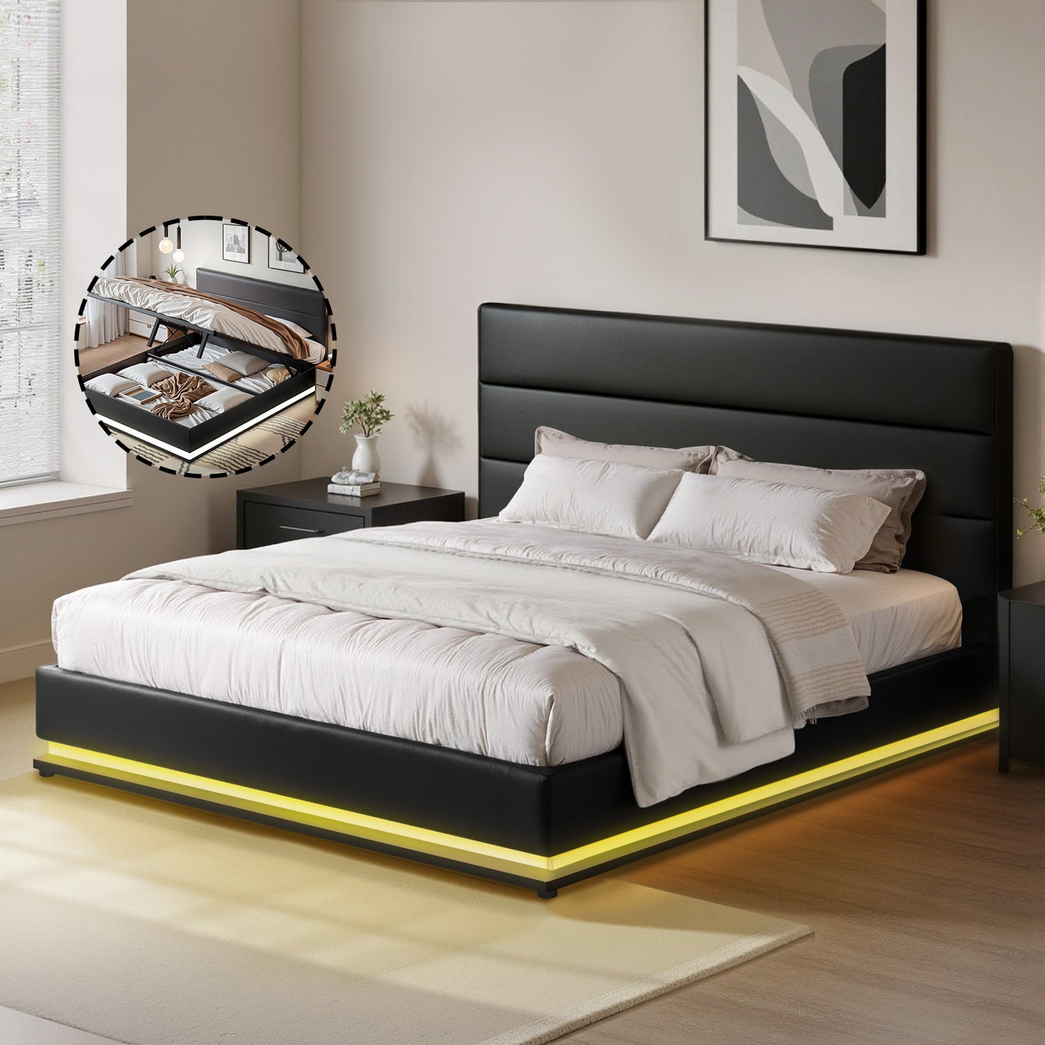 Artiss Lumi LED Bed Frame PU Leather Gas Lift Storage - Black Queen-Bed Frames-PEROZ Accessories