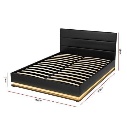 Artiss Lumi LED Bed Frame PU Leather Gas Lift Storage - Black Queen-Bed Frames-PEROZ Accessories