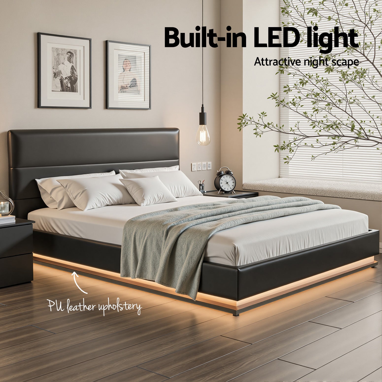Artiss Lumi LED Bed Frame PU Leather Gas Lift Storage - Black Queen-Bed Frames-PEROZ Accessories