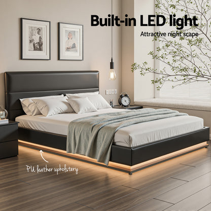 Artiss Lumi LED Bed Frame PU Leather Gas Lift Storage - Black Queen-Bed Frames-PEROZ Accessories
