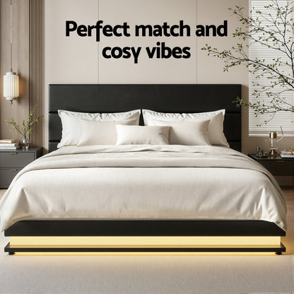 Artiss Lumi LED Bed Frame PU Leather Gas Lift Storage - Black Queen-Bed Frames-PEROZ Accessories