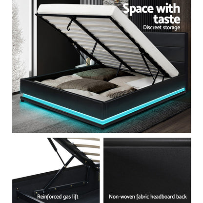 Artiss Lumi LED Bed Frame PU Leather Gas Lift Storage - Black Queen-Bed Frames-PEROZ Accessories