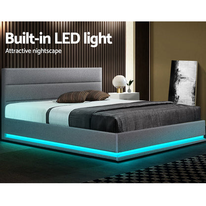 Artiss Lumi LED Bed Frame Fabric Gas Lift Storage - Grey Queen-Bed Frames-PEROZ Accessories