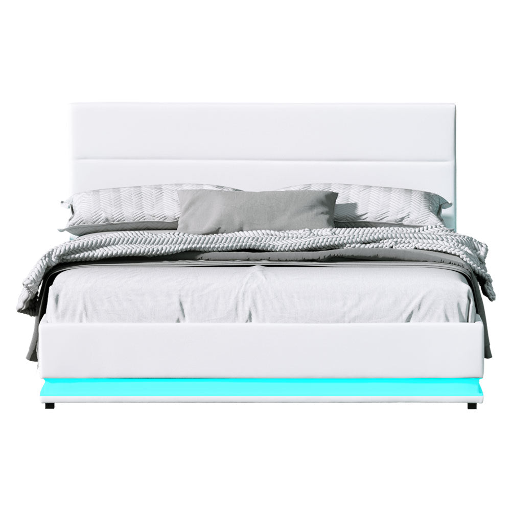 Artiss Lumi LED Bed Frame PU Leather Gas Lift Storage - White Queen-Bed Frames-PEROZ Accessories