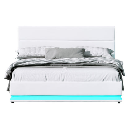 Artiss Lumi LED Bed Frame PU Leather Gas Lift Storage - White Queen-Bed Frames-PEROZ Accessories