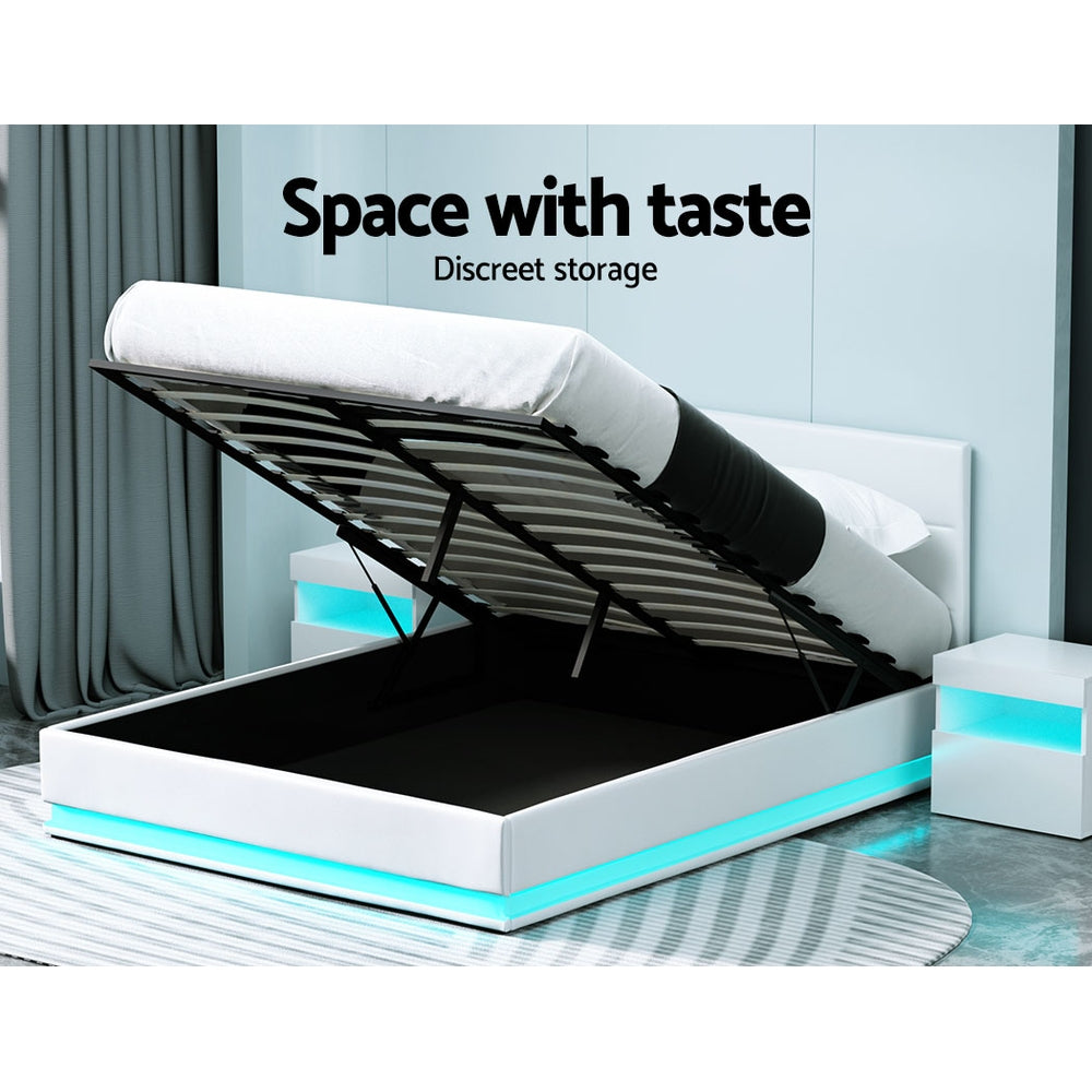 Artiss Lumi LED Bed Frame PU Leather Gas Lift Storage - White Queen-Bed Frames-PEROZ Accessories