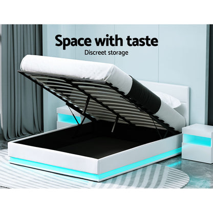 Artiss Lumi LED Bed Frame PU Leather Gas Lift Storage - White Queen-Bed Frames-PEROZ Accessories