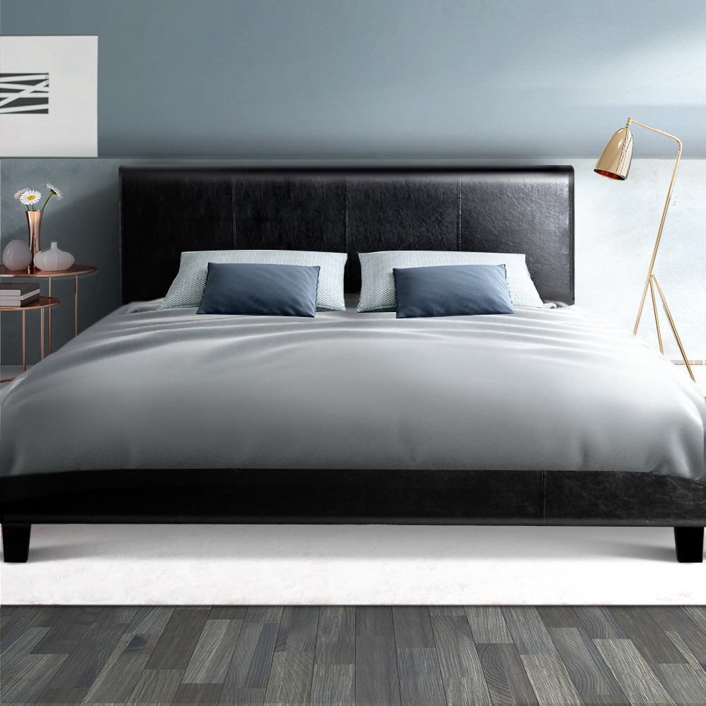 Artiss Bed Frame Double Size Base Mattress Platform Leather Wooden Black NEO-Bed Frames-PEROZ Accessories