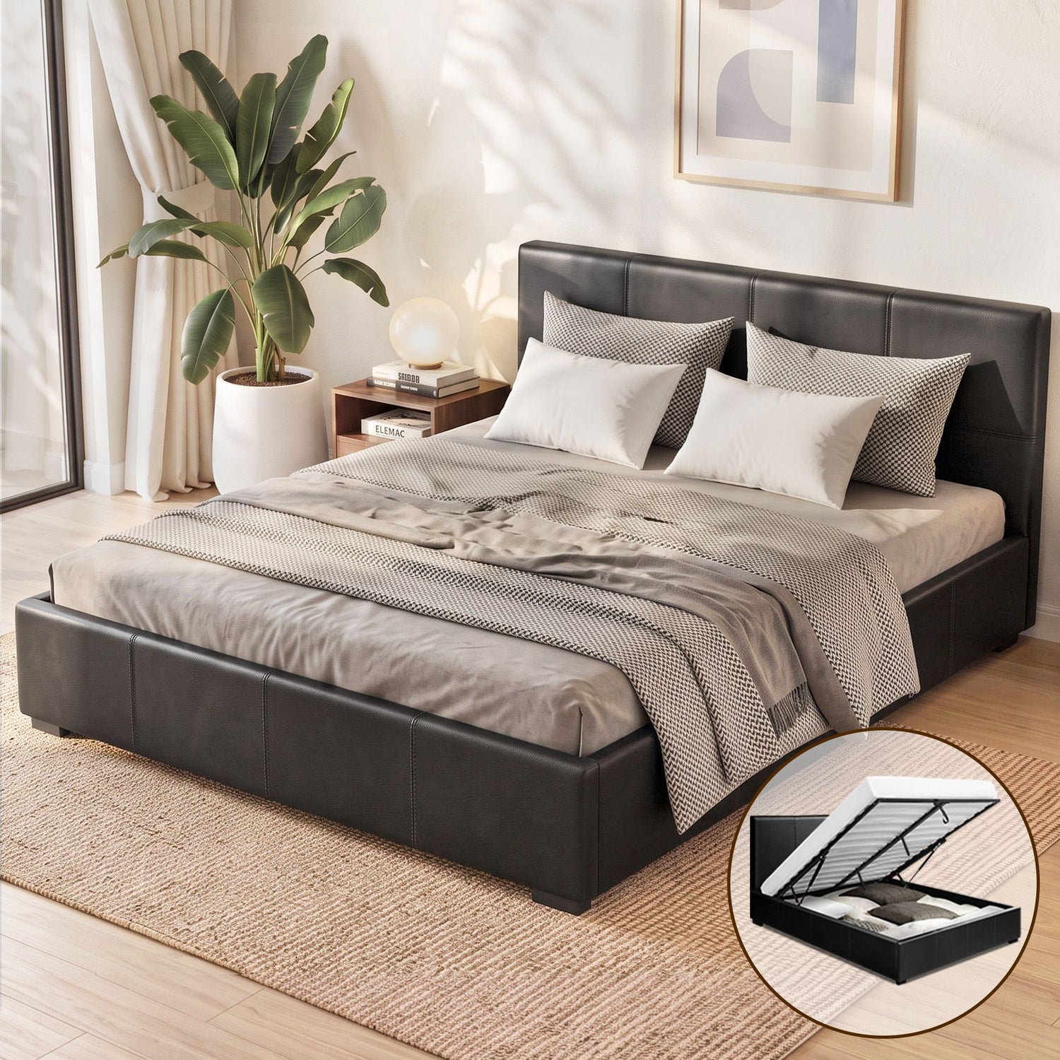 Artiss Nino Bed Frame PU Leather - Black Queen-Bed Frames-PEROZ Accessories