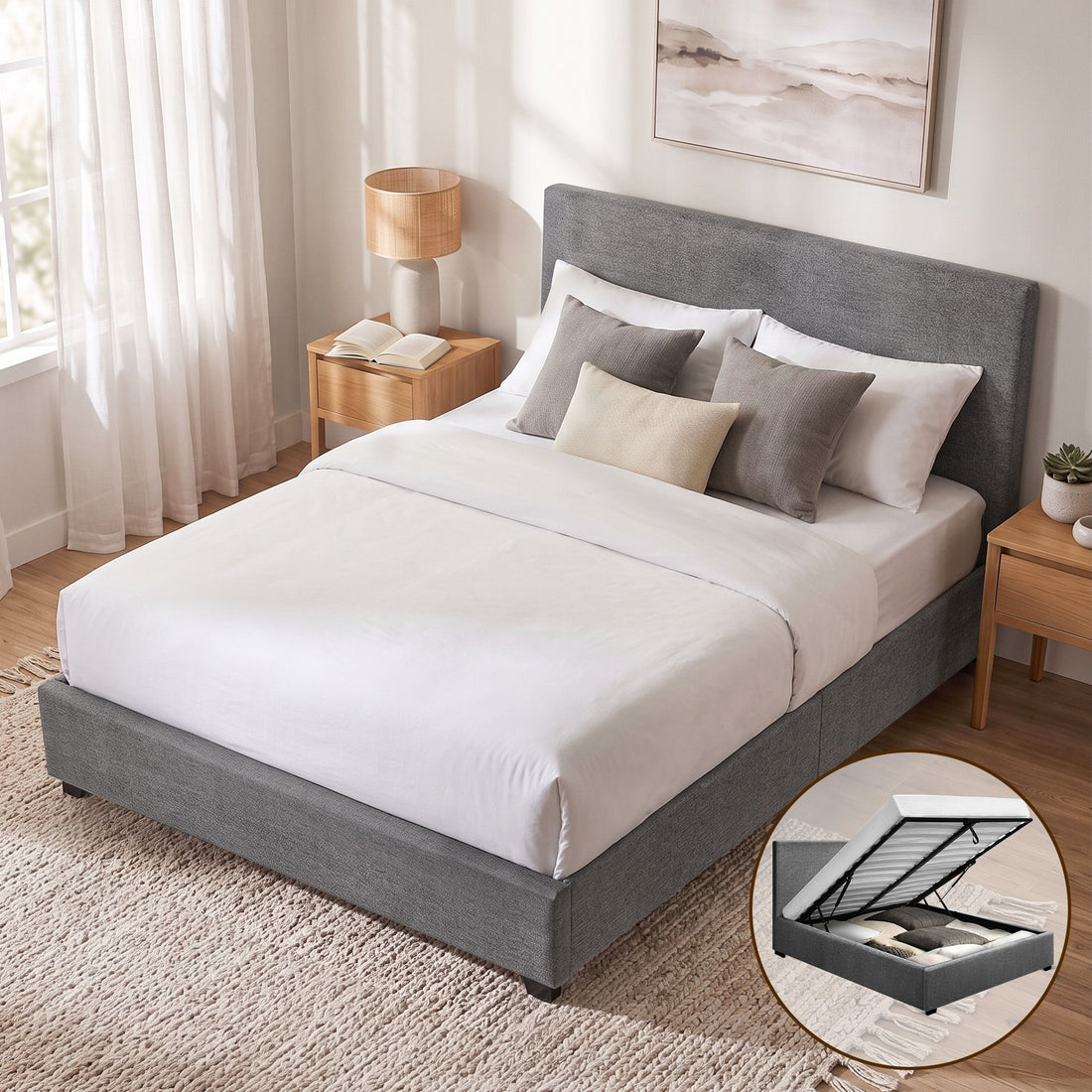 Artiss Bed Frame Queen Size Gas Lift Base -NINO Grey-Bed Frames-PEROZ Accessories