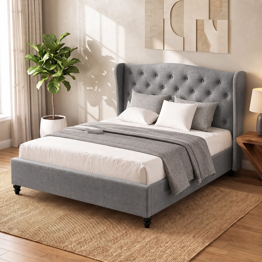 Artiss Pier Bed Frame Fabric - Grey Double-Bed Frames-PEROZ Accessories