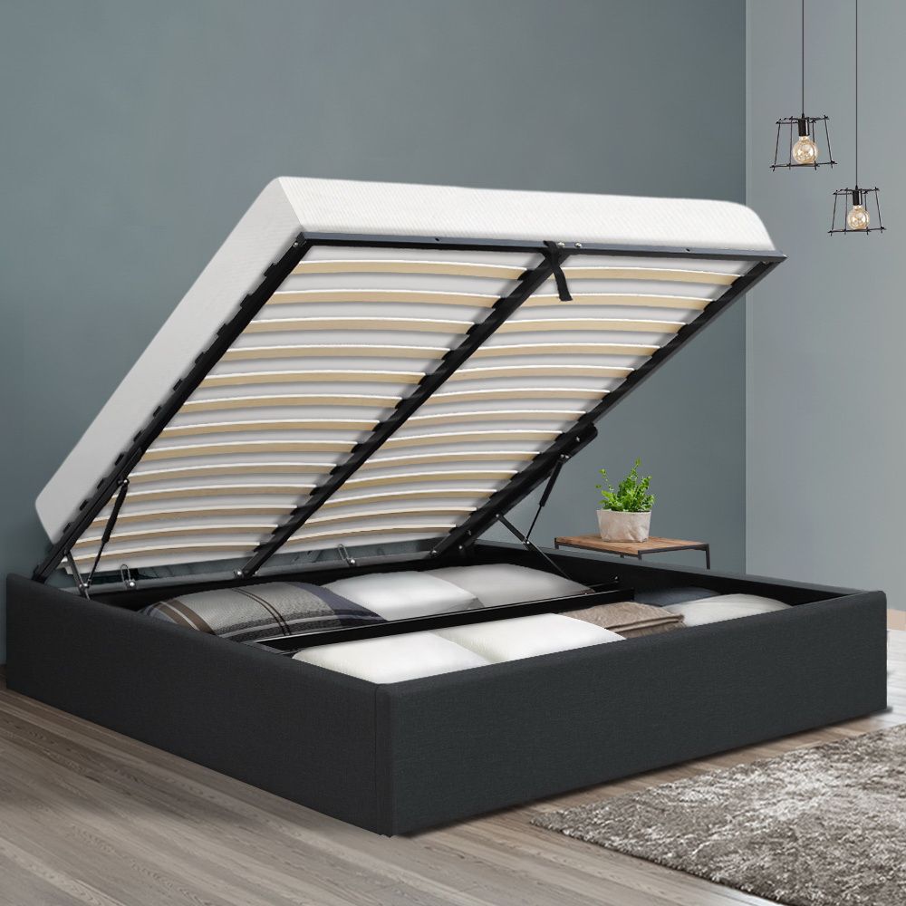 Artiss TOKI Double Size Storage Gas Lift Bed Frame without Headboard Fabric Charcoal-Bed Frames-PEROZ Accessories
