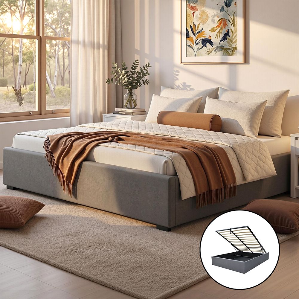 Artiss Bed Frame King Size Gas Lift Base With Storage Platform Grey Fabric Toki Collection