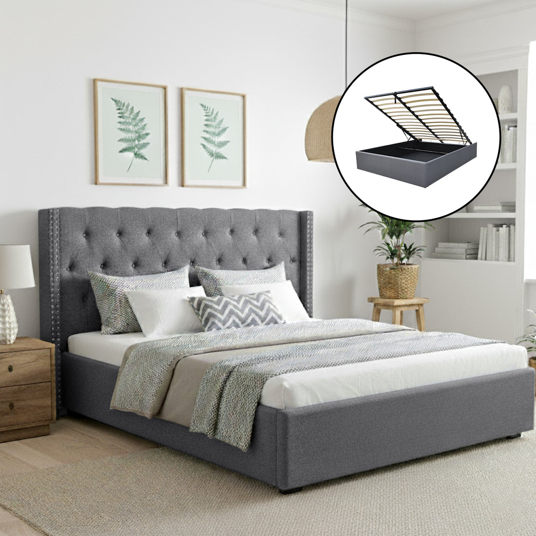 Artiss King Bed Frame Storage Tufted Headboard Gas Lift Base Grey-Furniture &gt; Bedroom &gt; Beds &amp; Bed Frames-PEROZ Accessories