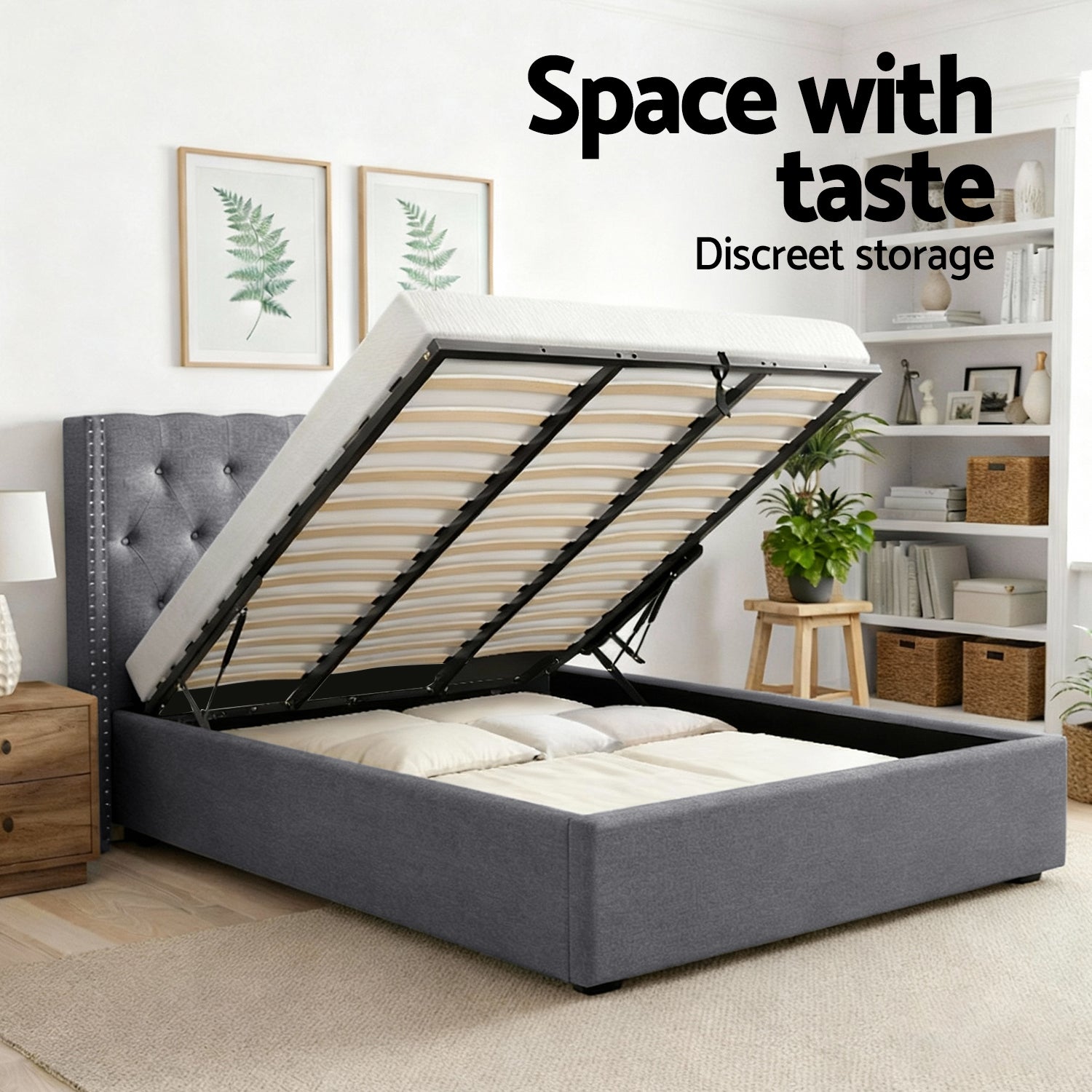 Artiss King Bed Frame Storage Tufted Headboard Gas Lift Base Grey-Furniture &gt; Bedroom &gt; Beds &amp; Bed Frames-PEROZ Accessories